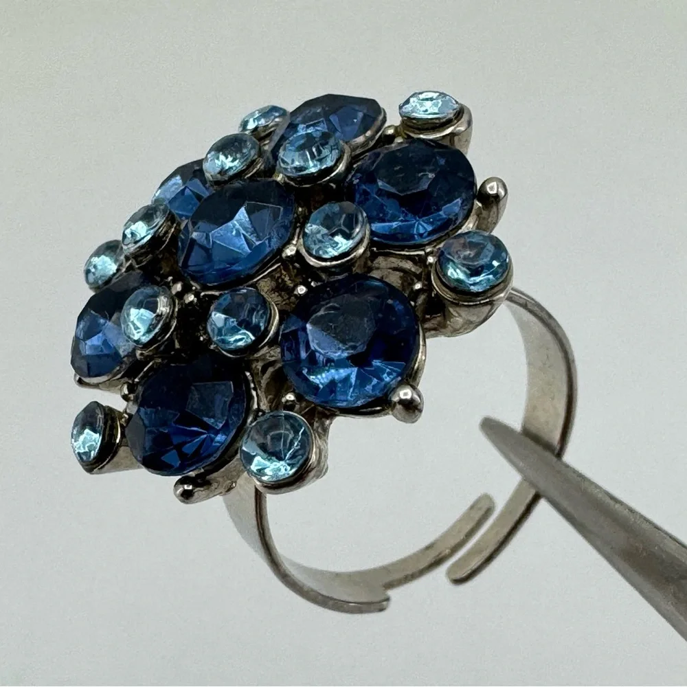 Silver Tone Blue Crystal Rhinestone Flower Adjustable Statement Ring